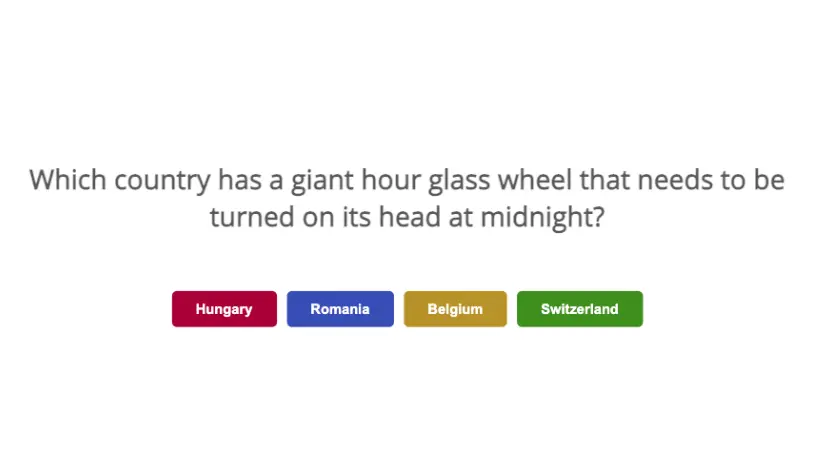 Quiz modal showing question: "What country has a giant hour glass wheel that needs to be turned on its head at midnight?" with options "Hungary", "Romania", "Belgium", and "Switzerland"